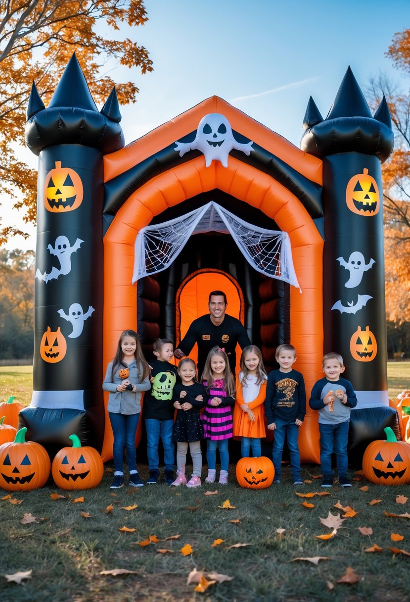 32 Halloween Inflatables for 2025: Top Picks for Spooky Yard Decor 19 An inflatable haunted house photo booth decorated for Halloween with children and families in costumes posing outside on a sunny autumn day.