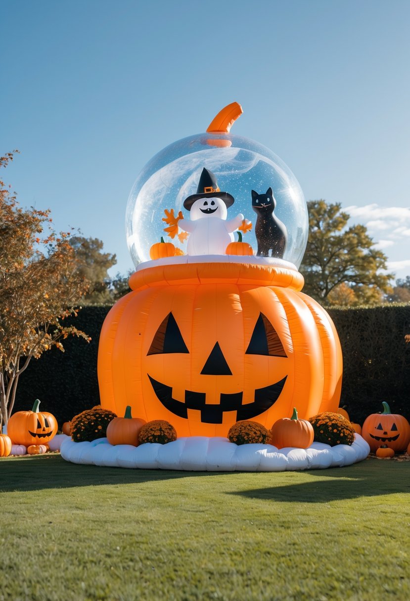 32 Halloween Inflatables for 2025: Top Picks for Spooky Yard Decor 20 A large inflatable pumpkin snow globe decoration outdoors on grass with autumn leaves and Halloween figures inside the globe.