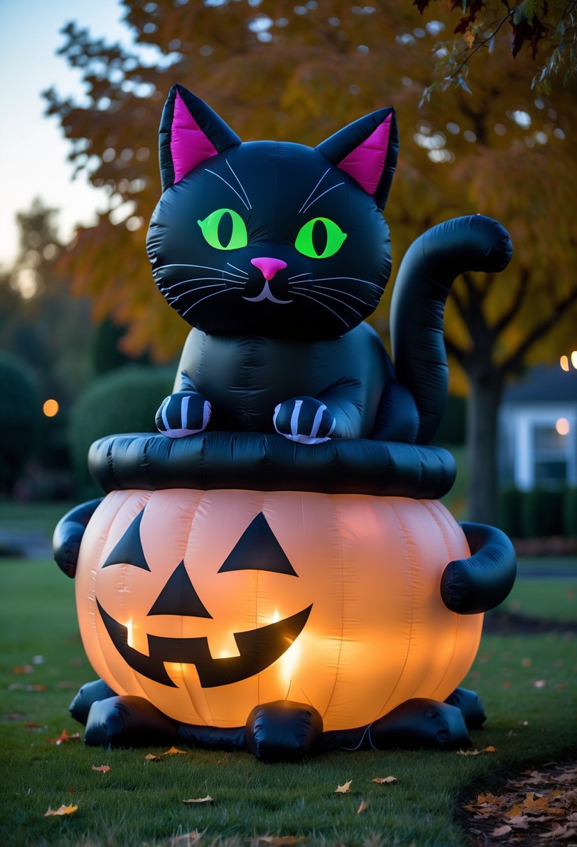 32 Halloween Inflatables for 2025: Top Picks for Spooky Yard Decor 22 A large inflatable black cat sitting on the edge of a glowing cauldron outdoors at dusk with autumn leaves on the ground.