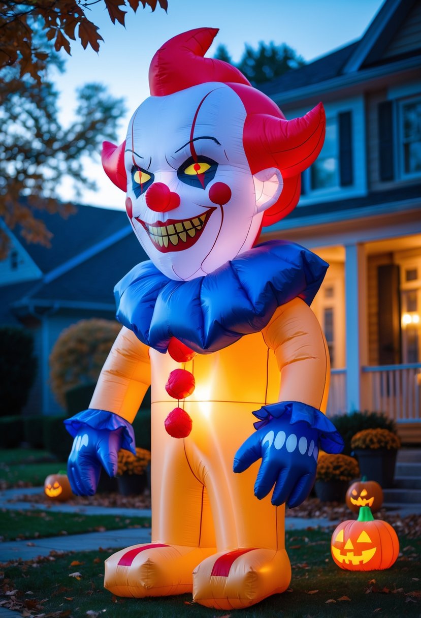 32 Halloween Inflatables for 2025: Top Picks for Spooky Yard Decor 24 A large creepy clown inflatable standing in a decorated front yard with pumpkins and autumn leaves at twilight.