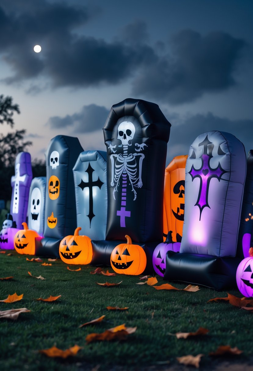 32 Halloween Inflatables for 2025: Top Picks for Spooky Yard Decor 25 A collection of 32 inflatable Halloween tombstones arranged on a grassy lawn with autumn leaves and a cloudy night sky.