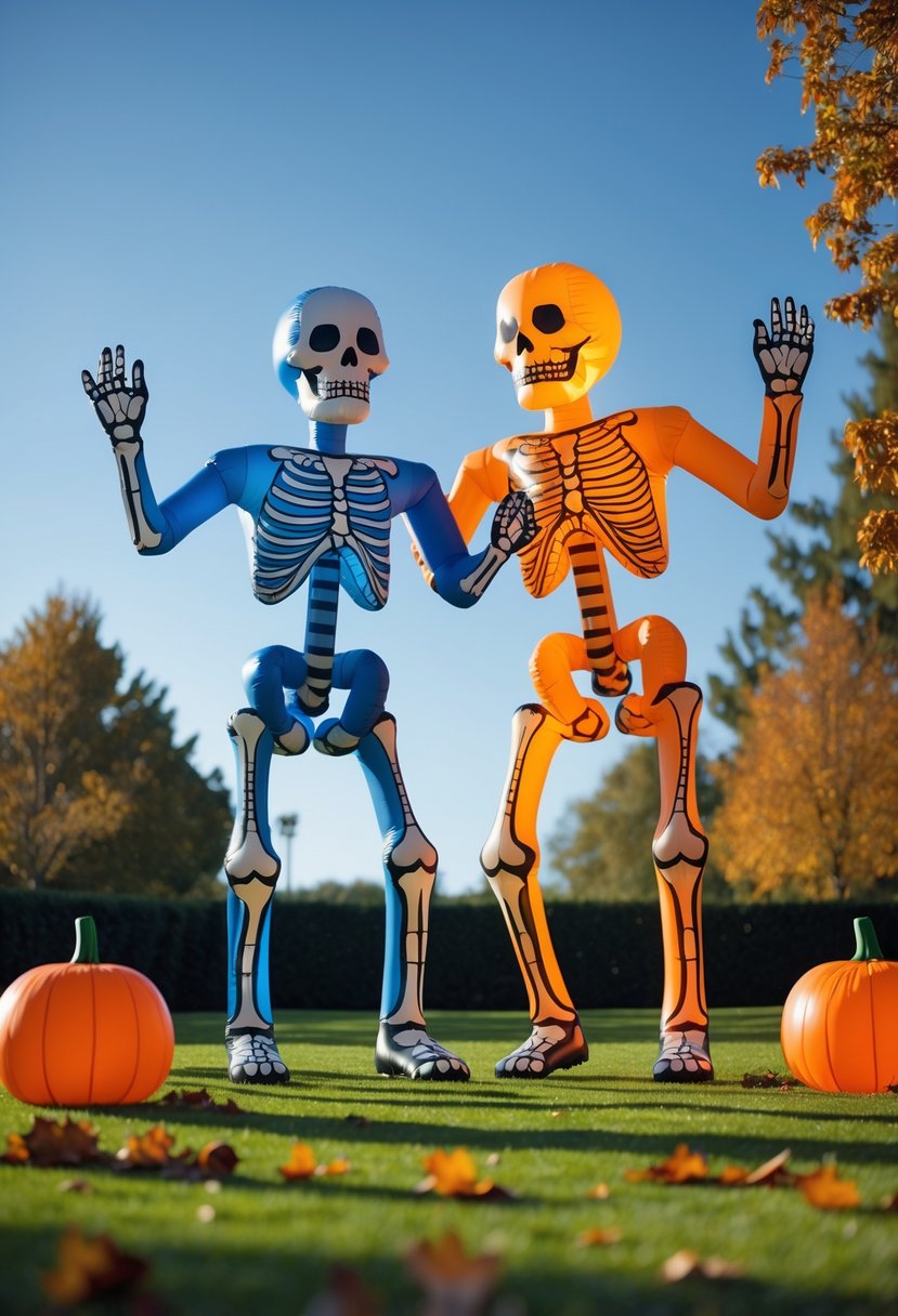 32 Halloween Inflatables for 2025: Top Picks for Spooky Yard Decor 27 Two large inflatable skeletons dancing together outdoors on a green lawn with autumn leaves and pumpkins around them.