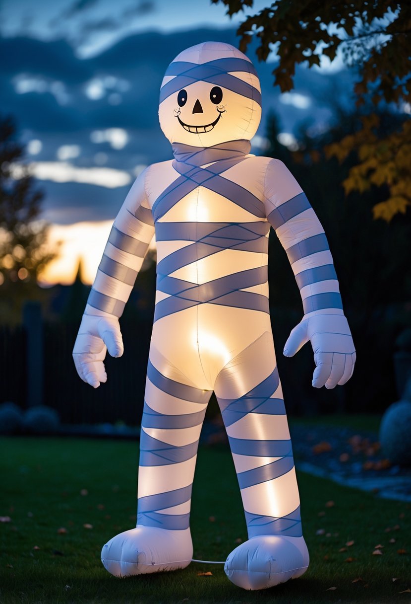 32 Halloween Inflatables for 2025: Top Picks for Spooky Yard Decor 28 An inflatable mummy decoration glowing softly on a lawn at dusk with autumn leaves in the background.