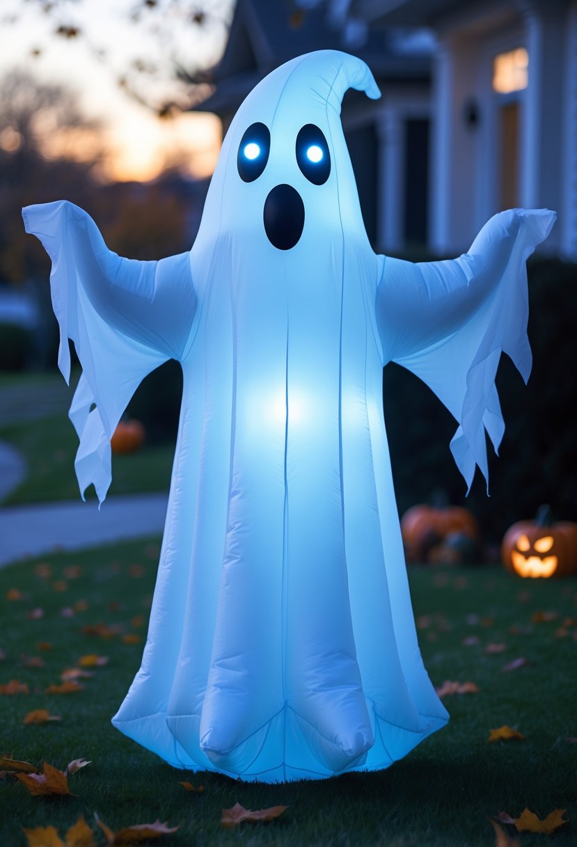 32 Halloween Inflatables for 2025: Top Picks for Spooky Yard Decor 30 An inflatable ghost with glowing blue eyes standing on a lawn with autumn leaves and Halloween decorations in the background.