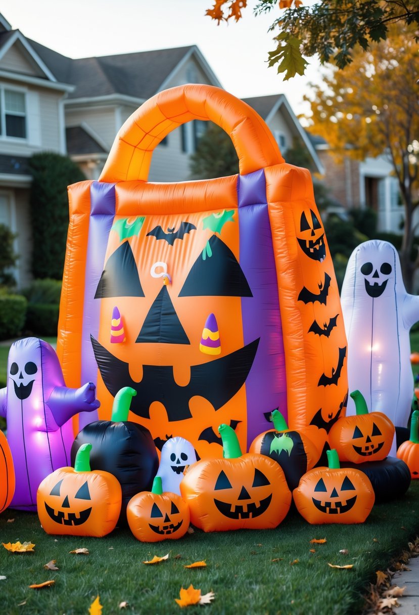 32 Halloween Inflatables for 2025: Top Picks for Spooky Yard Decor 31 A large colorful inflatable Halloween candy bag surrounded by various Halloween-themed inflatables on a lawn with autumn leaves and houses in the background.