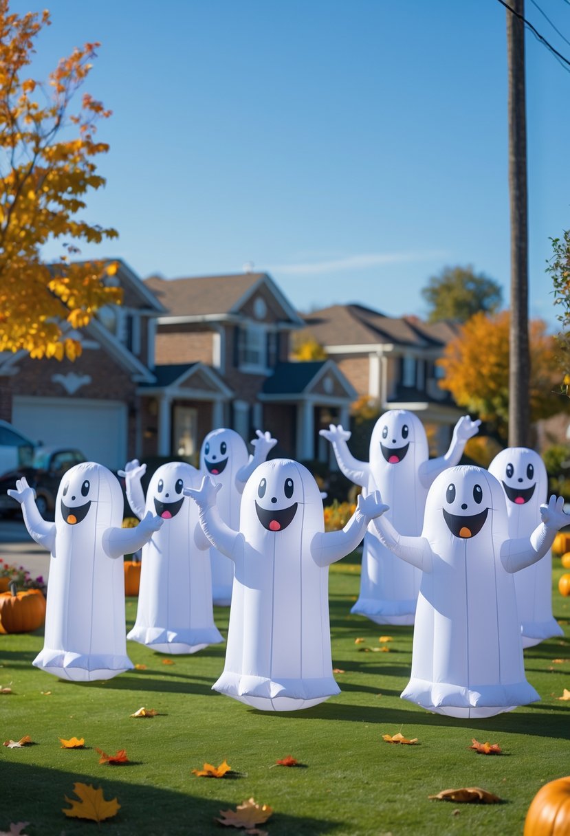 32 Halloween Inflatables for 2025: Top Picks for Spooky Yard Decor 33 A group of 32 white inflatable dancing ghosts arranged outdoors on a green lawn with autumn decorations and houses in the background.