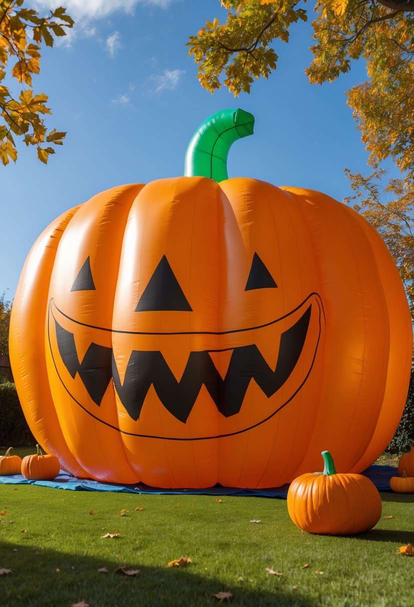 32 Halloween Inflatables for 2025: Top Picks for Spooky Yard Decor 34 A large orange inflatable pumpkin with carved facial features standing on green grass outdoors with fallen leaves around it.