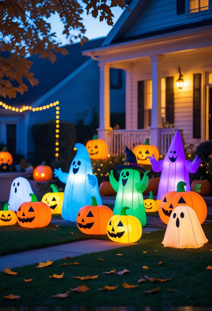 32 Halloween Inflatables for 2025: Top Picks for Spooky Yard Decor 36 A front yard decorated with various colorful Halloween inflatables including pumpkins, ghosts, and witches during evening time.