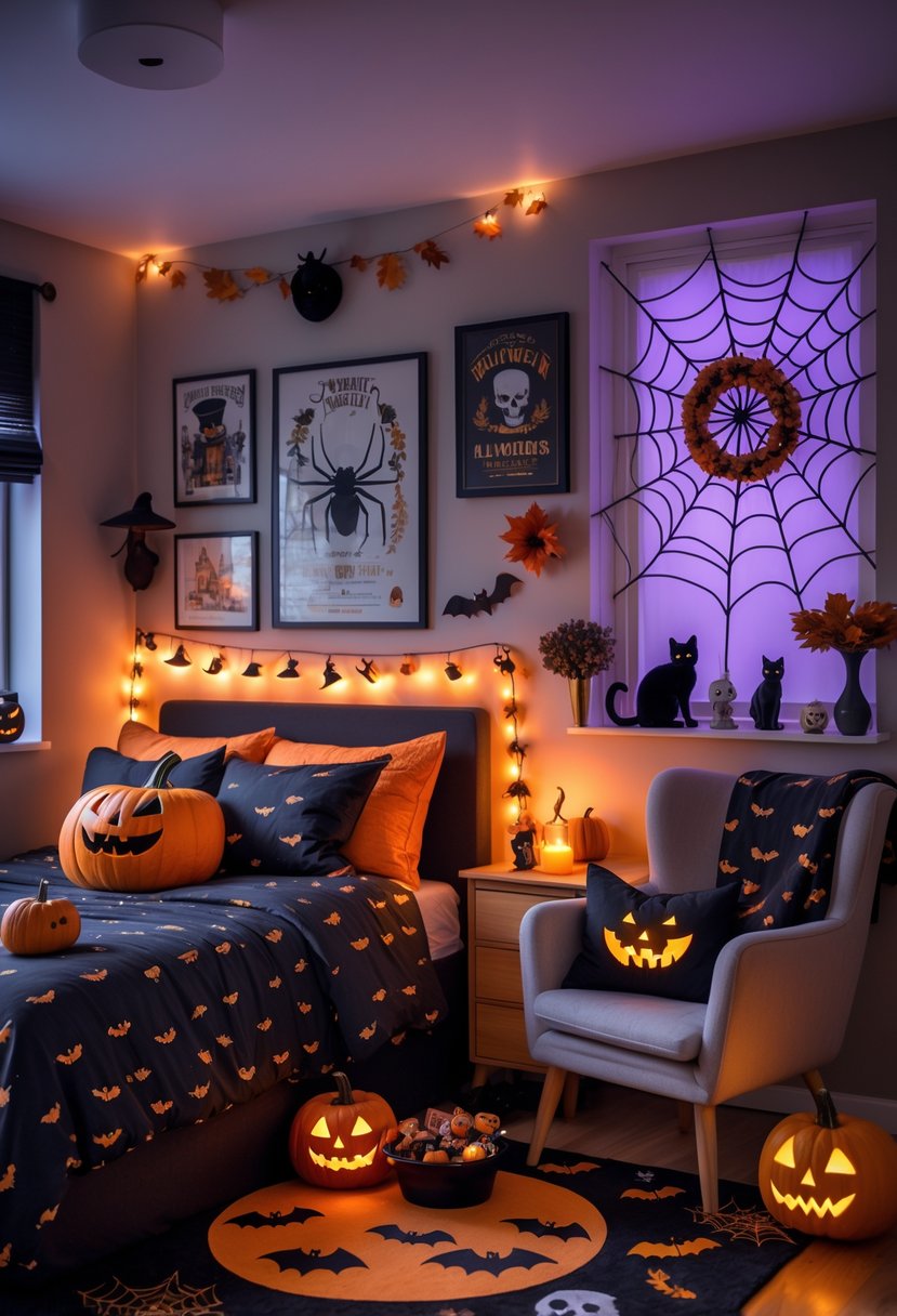 A bedroom decorated with various Halloween items including pumpkins, spider webs, themed pillows, string lights, and Halloween figurines.