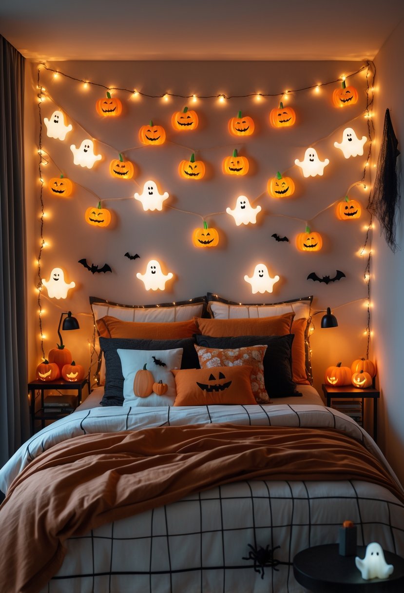 A bedroom decorated with pumpkin and ghost-shaped string lights glowing above the bed, with autumn-themed bedding and Halloween decorations around the room.