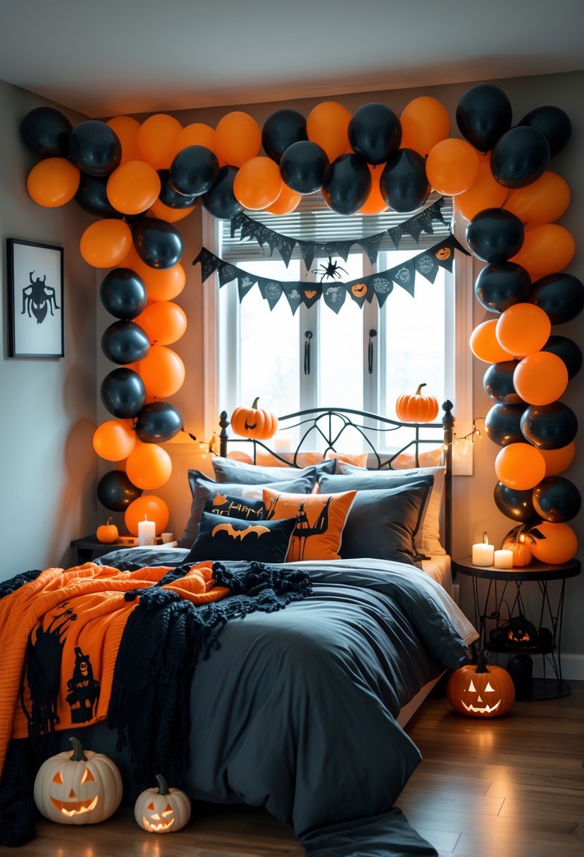 A bedroom decorated with black and orange balloon garlands and Halloween decorations including pumpkins and candles.
