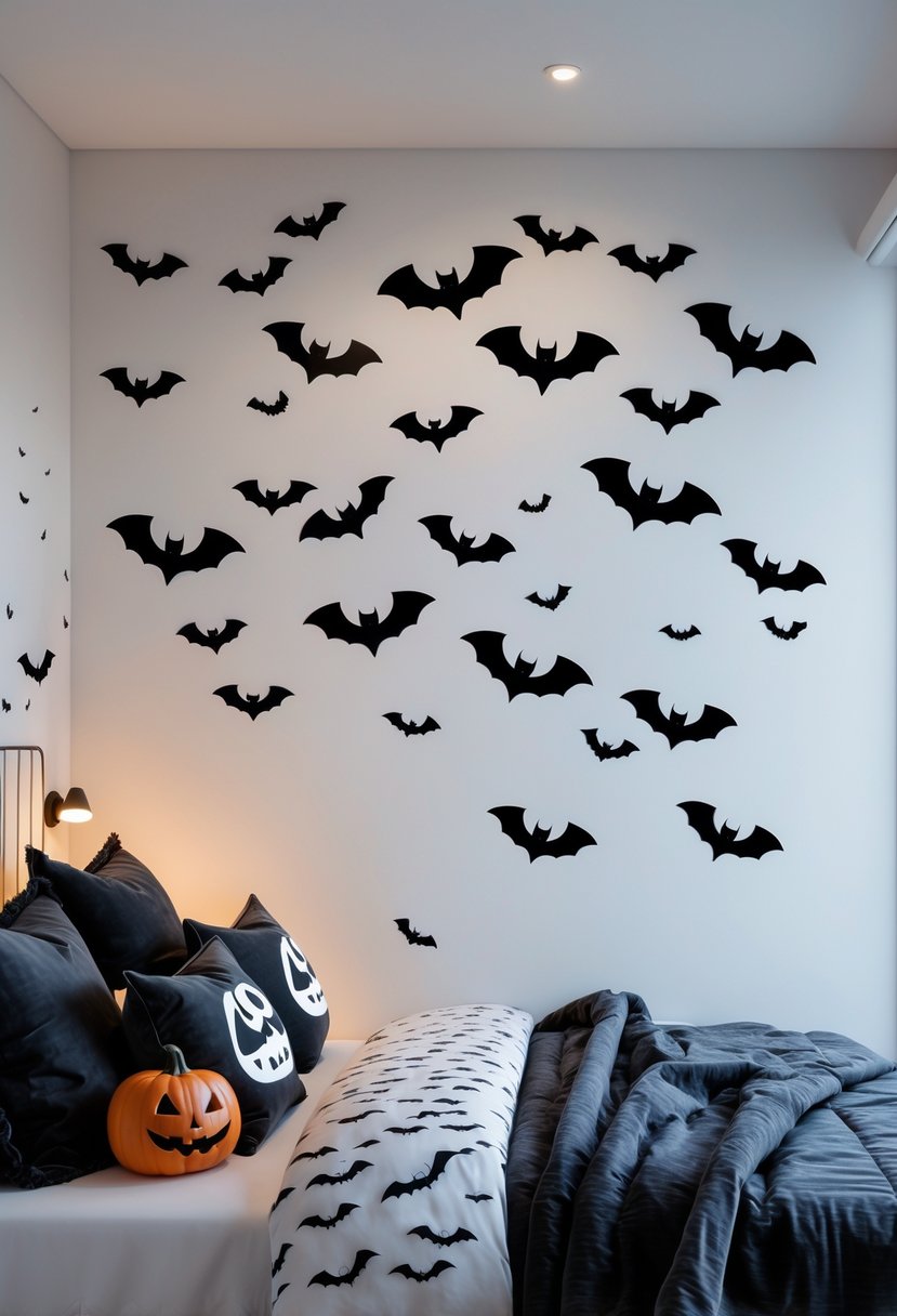 A bedroom with a wall decorated with black bat decals flying upward and a neatly made bed with Halloween-themed pillows.