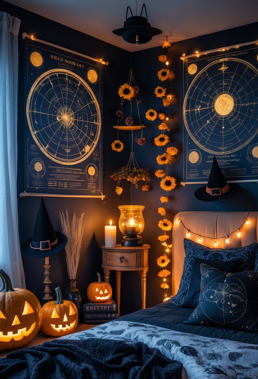 A cozy bedroom decorated for Halloween with celestial maps on the walls, pumpkins, candles, crystals, witch hats, and mystical decor creating a magical atmosphere.