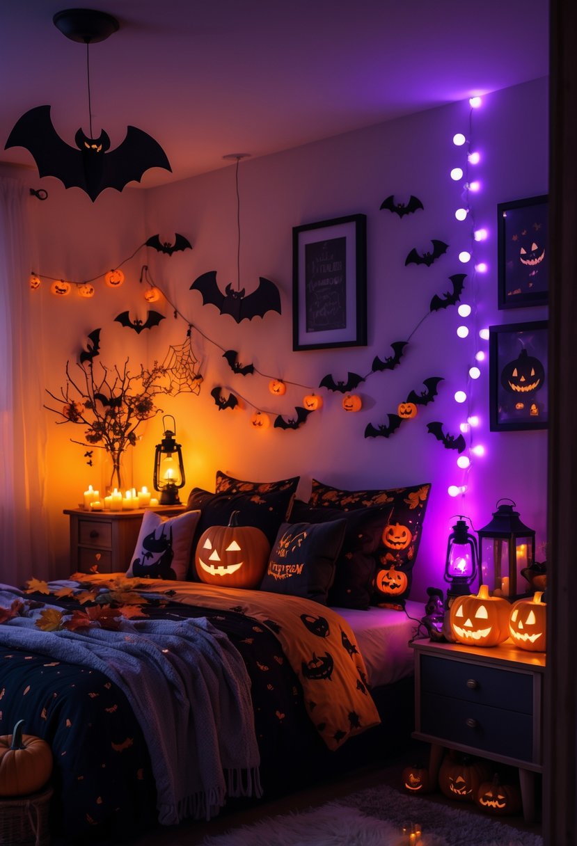 A bedroom decorated for Halloween with glowing pumpkins, spider webs, and moody amber and purple lighting.