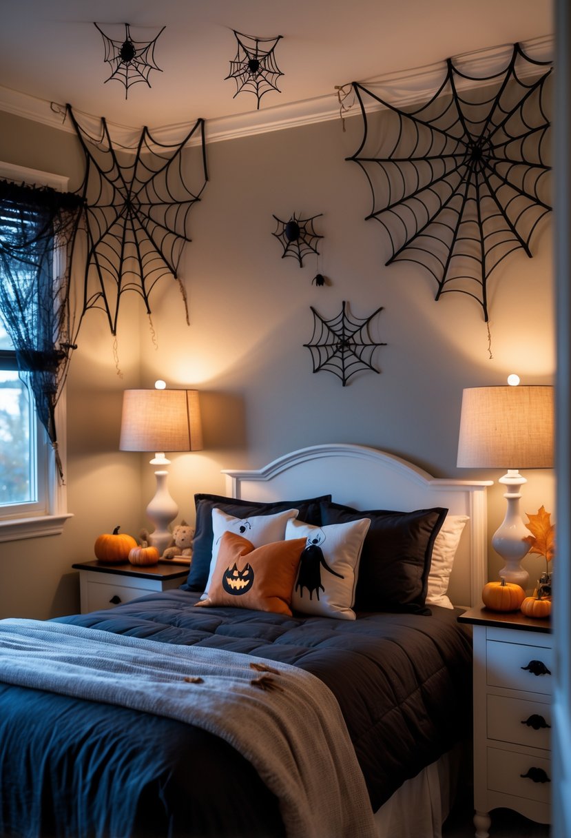 Bedroom decorated for Halloween with spider web accents in the ceiling corners and over lamps, featuring a made bed and seasonal decorations.
