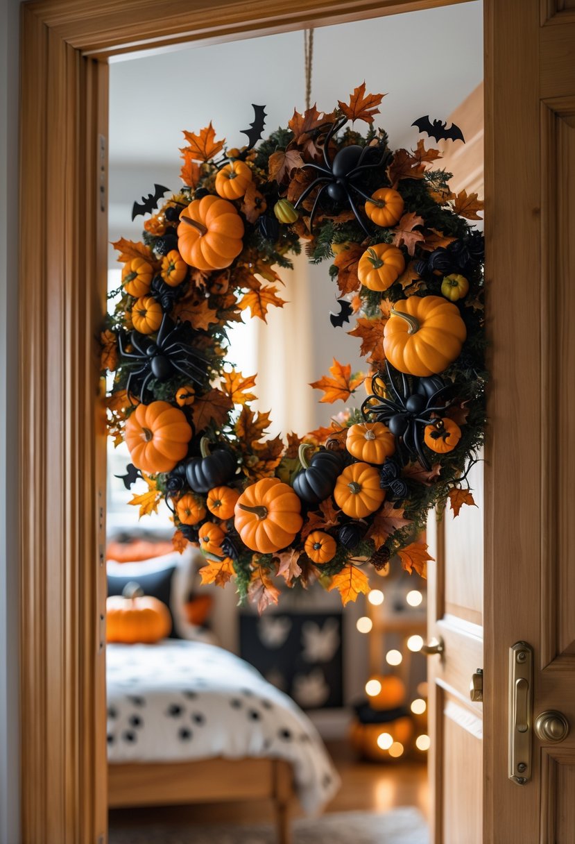 A bedroom door decorated with a festive Halloween wreath featuring pumpkins, autumn leaves, spiders, and bats.
