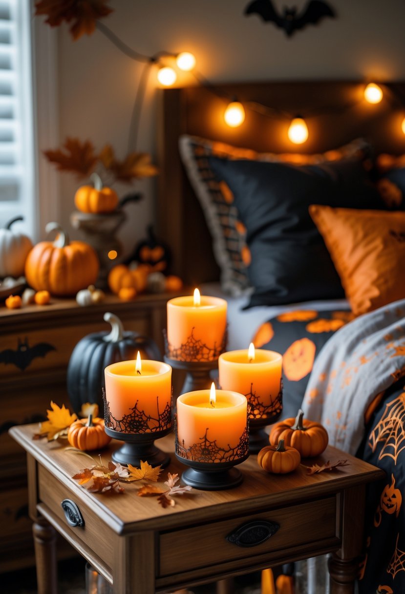 A bedside table with pumpkin-scented candles in decorative holders surrounded by autumn decorations in a Halloween-themed bedroom.