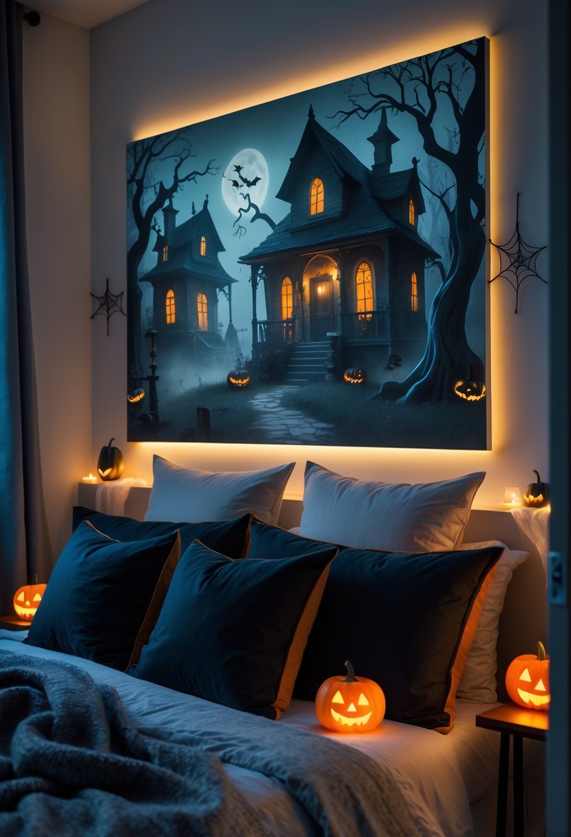 A bedroom decorated for Halloween with wall art of haunted houses above the bed and seasonal decorations around the room.