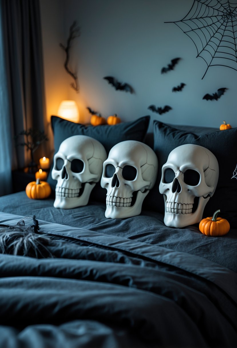 A bedroom with a bed decorated with skull-shaped pillows and Halloween-themed decorations.