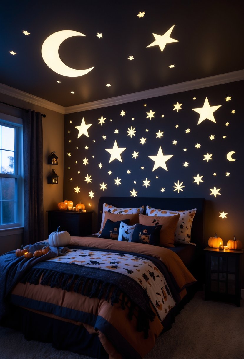 A bedroom decorated for Halloween with glow-in-the-dark stars and moon decals on the walls and ceiling, featuring a cozy bed and subtle festive decorations.