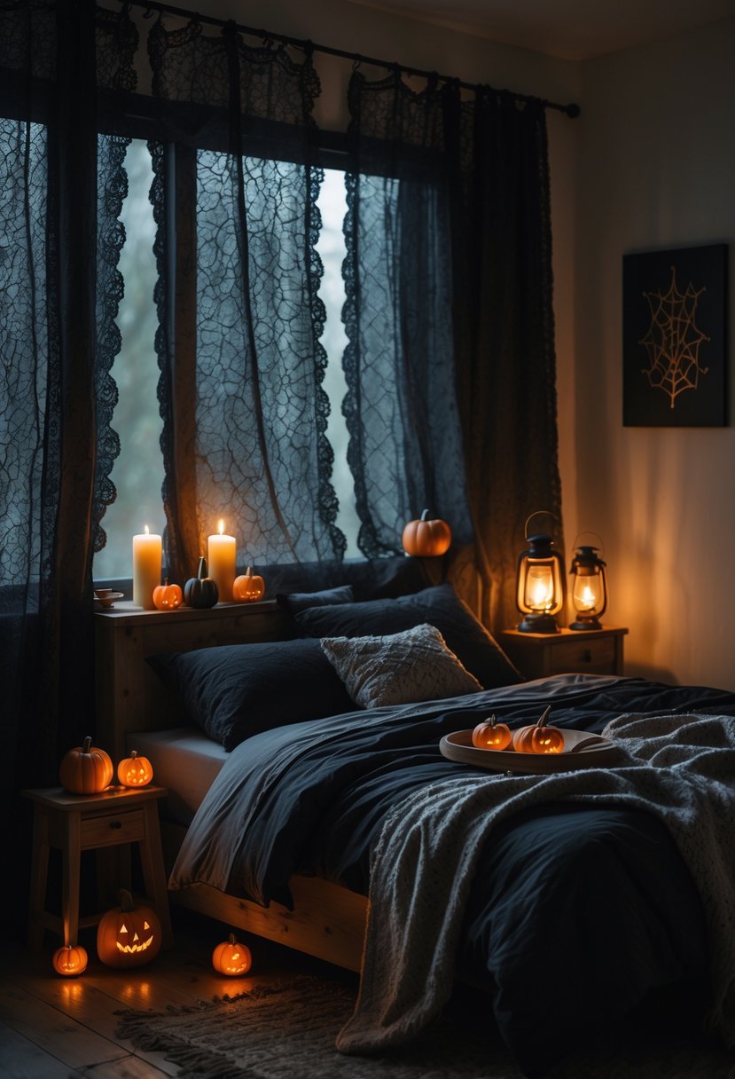 A bedroom with black lace curtains, a neatly made bed, candles, pumpkins, and warm lighting creating a cozy atmosphere.