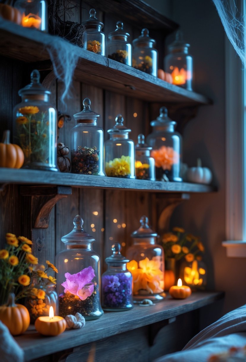 A bedroom corner with vintage apothecary jars filled with colorful fake potion ingredients and Halloween decorations like pumpkins and candles.