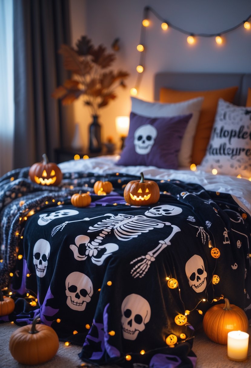 A bedroom decorated for Halloween with a bed featuring throw blankets printed with skeletons, pumpkins, string lights, and autumn decorations.