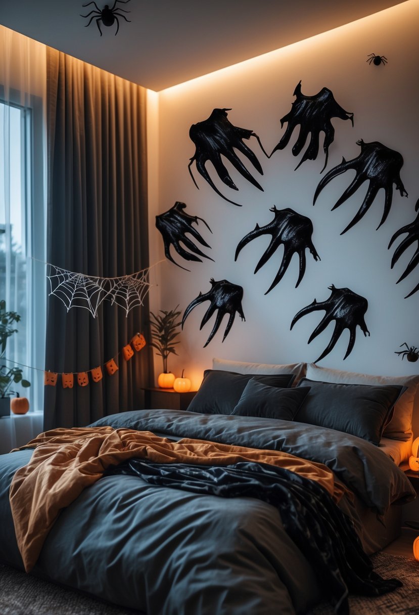 A bedroom with Halloween decorations including claw mark wall stickers on a light wall, a bed with dark bedding, and small pumpkins placed around.