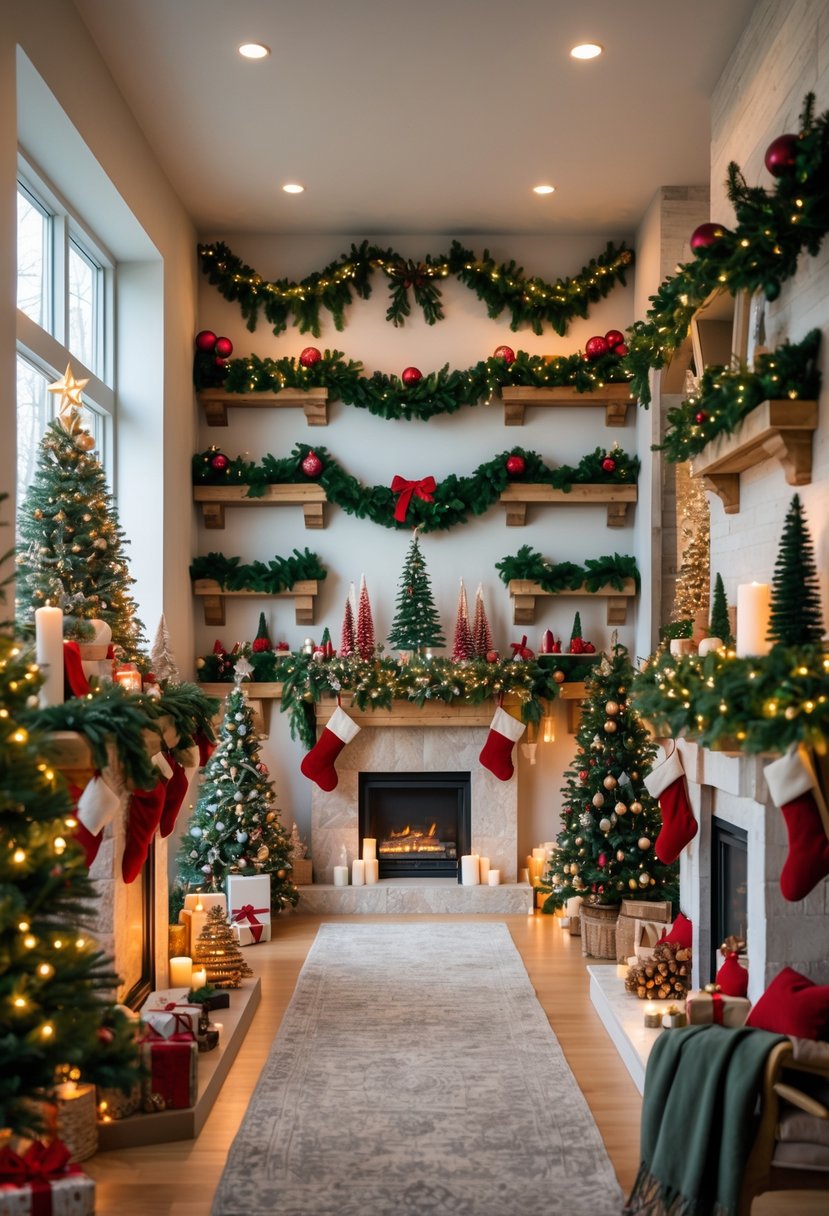 A wall displaying 35 different Christmas-decorated mantels with garlands, lights, stockings, and ornaments.