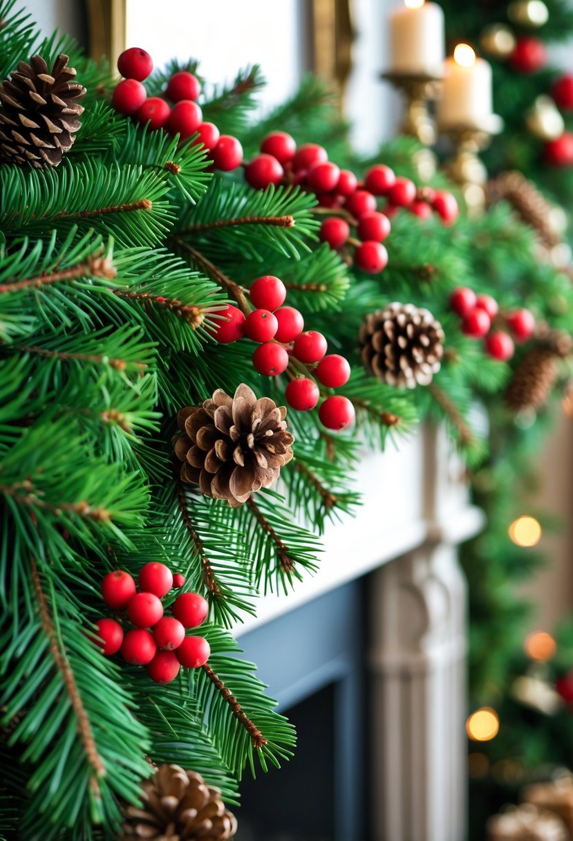 A pine garland with red berries and pinecones draped over a Christmas decorated mantel.