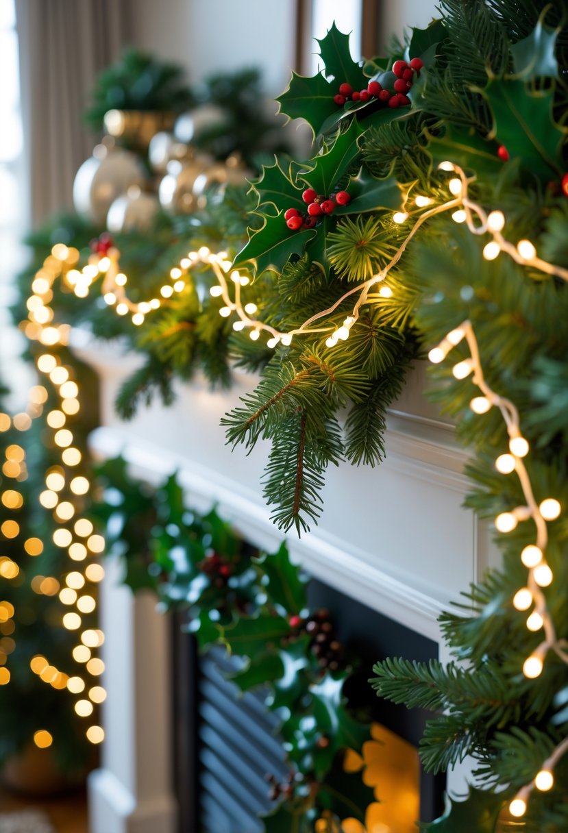 A Christmas mantel decorated with green garlands and warm white fairy lights glowing softly.