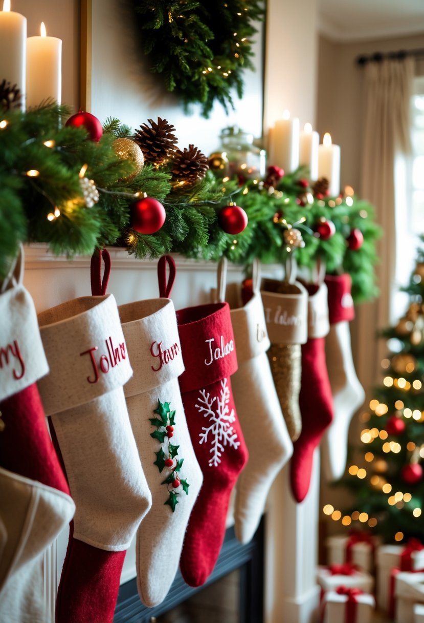 A mantel decorated with 35 handmade felt Christmas stockings hanging in a row, surrounded by garlands, lights, and holiday decorations.