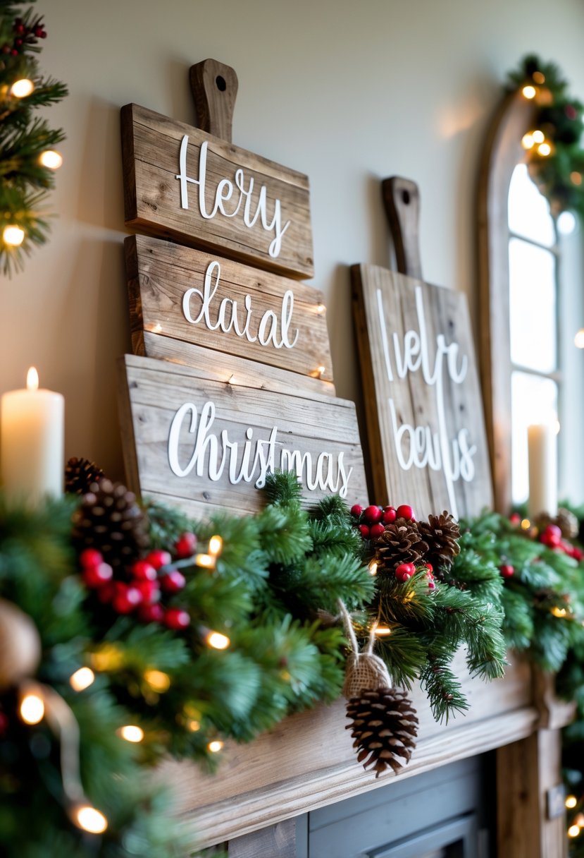 A mantel decorated for Christmas with rustic wooden signs and festive holiday decorations including pine garlands, berries, pine cones, and candles.