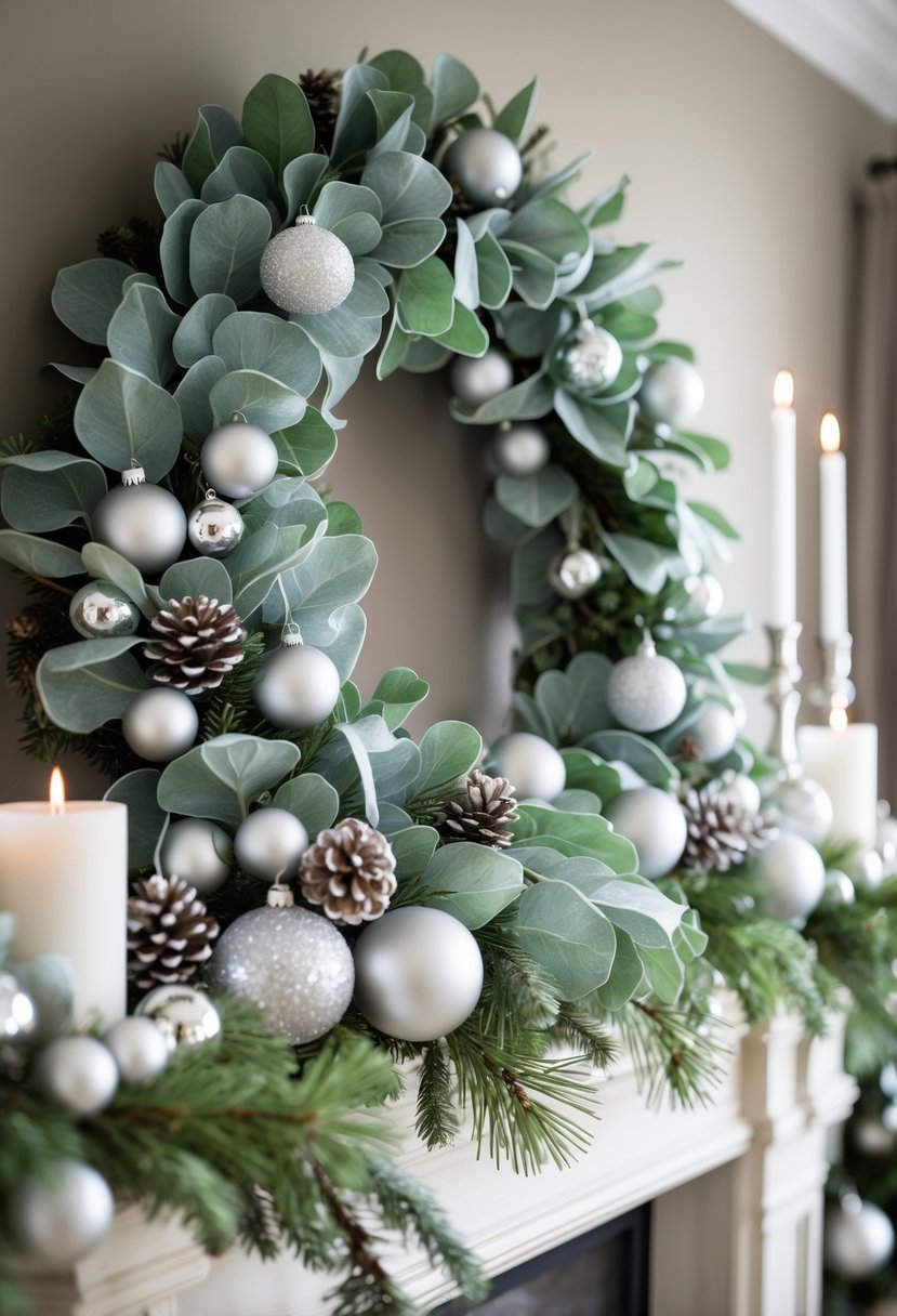 A Christmas mantel decorated with a wreath made of frosted eucalyptus and silver ornaments, surrounded by candles and holiday decorations.