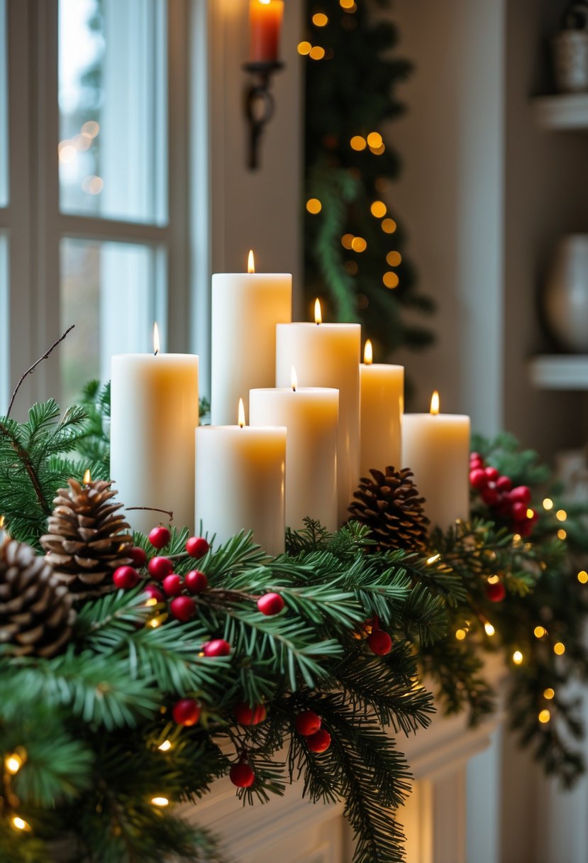 Cluster of white pillar candles of different heights on a Christmas-decorated mantel with greenery and festive decorations.