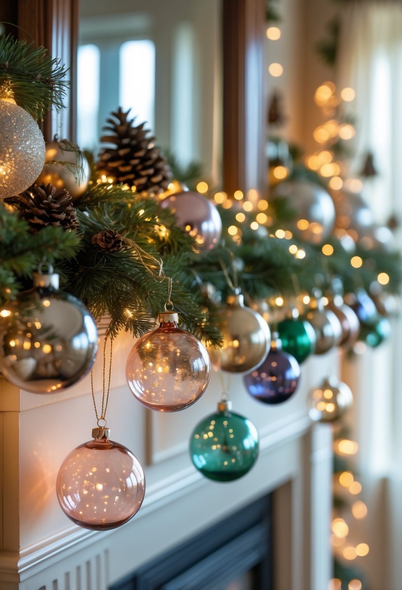 A mantel decorated for Christmas with vintage glass baubles hanging evenly along it and holiday greenery.