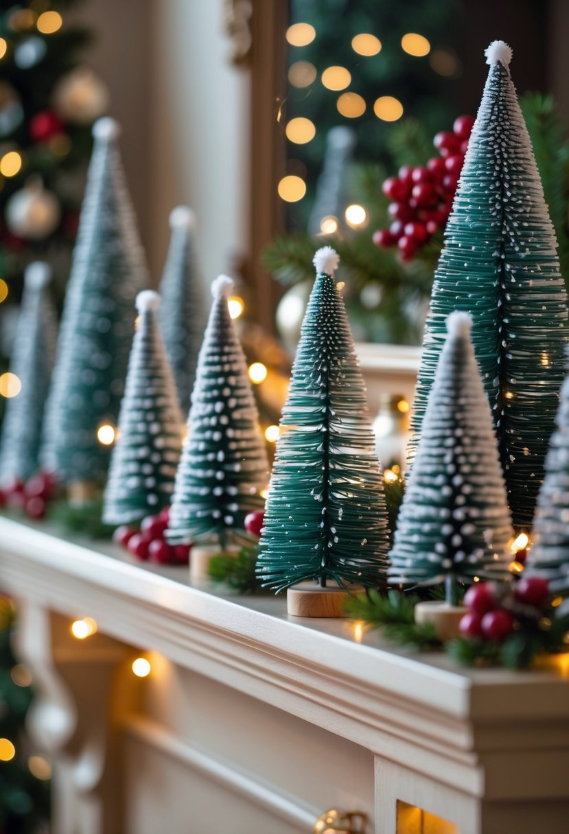 A mantel decorated with many miniature bottlebrush Christmas trees with snowy tips and festive holiday decorations.