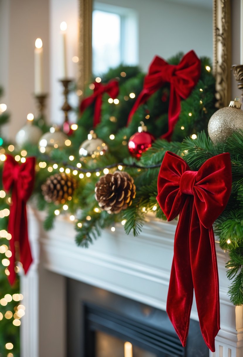 A Christmas mantel decorated with green garlands, pine cones, twinkling lights, and red velvet ribbon bows tied at each corner.