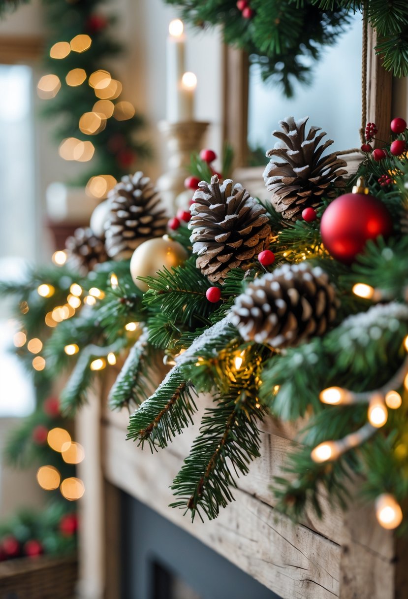 A wooden mantel decorated with pine garlands, pinecones dusted with snow, red berries, and Christmas ornaments.