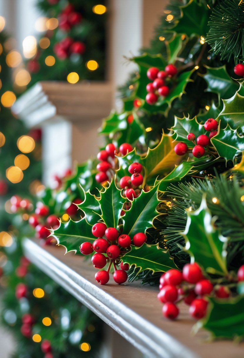 Sprigs of holly with bright red berries tucked into green garlands decorating multiple Christmas mantels.