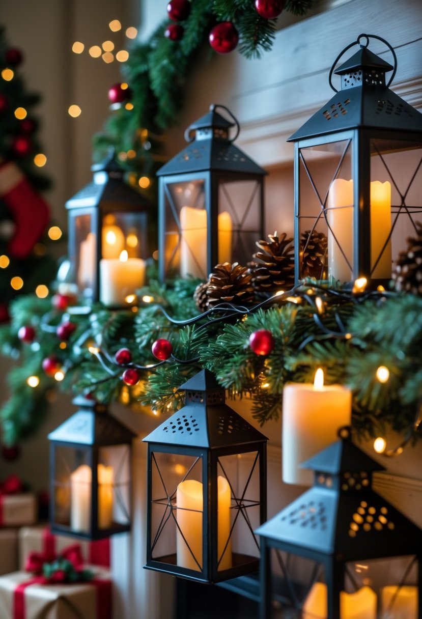 Metal lanterns with flameless candles on a Christmas-decorated mantel surrounded by holiday greenery and ornaments.
