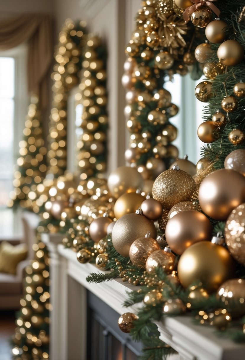 Multiple fireplace mantels decorated with gold and bronze metallic Christmas ornaments.