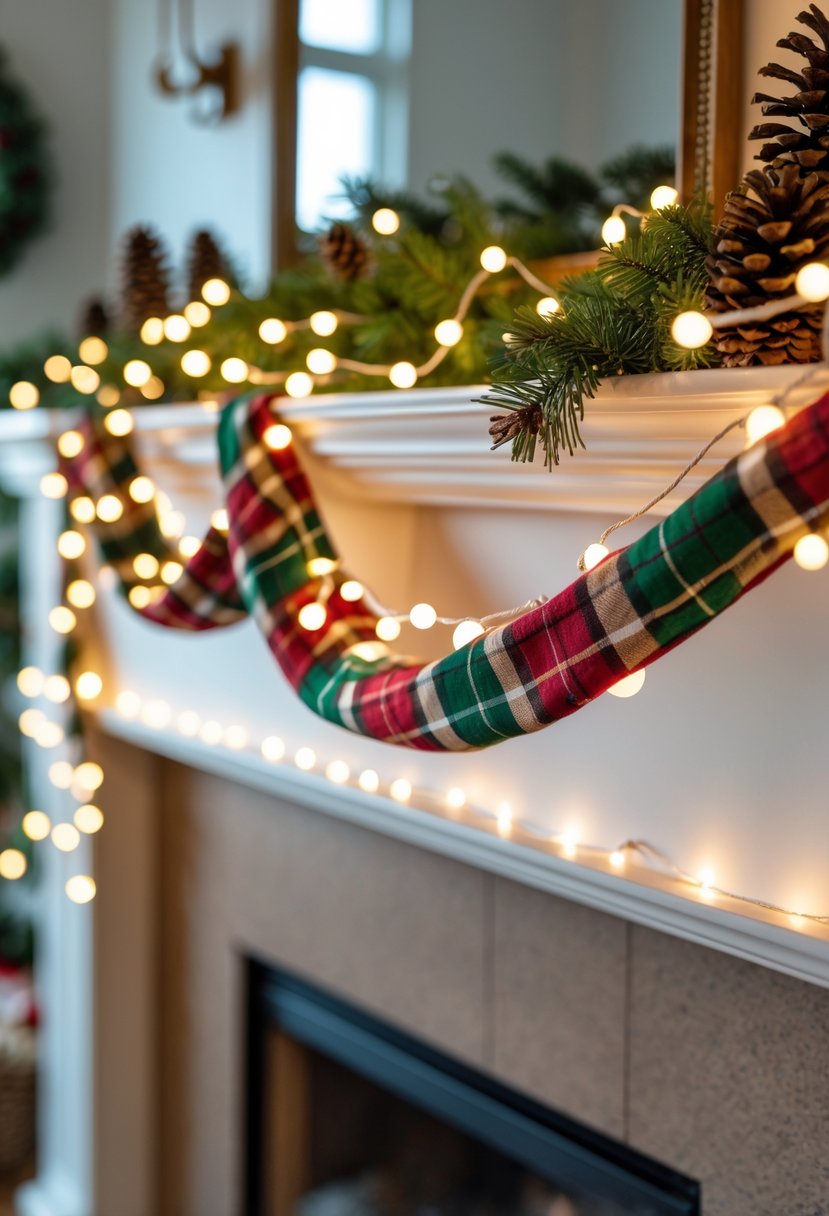 A Christmas mantel decorated with a plaid fabric garland intertwined with string lights and holiday greenery.
