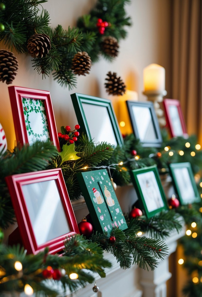 A mantel decorated for Christmas with small framed photos in holiday-themed frames surrounded by festive decorations.