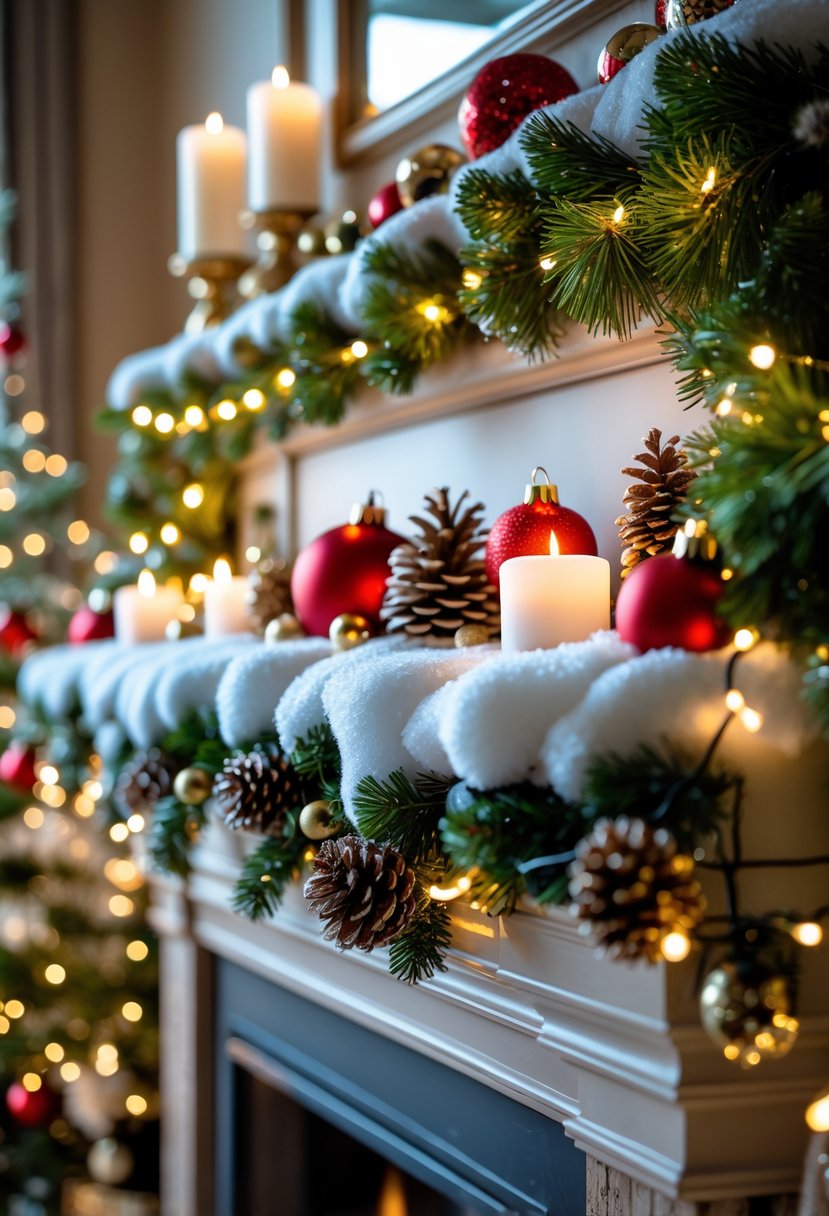 A fireplace mantel covered with artificial snow and decorated with Christmas ornaments, pine garlands, candles, and lights.