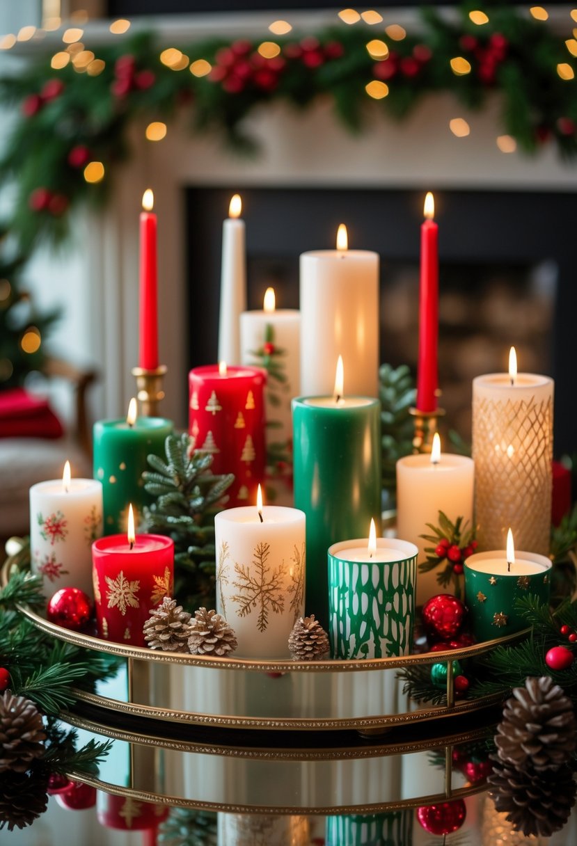 A mirrored tray holding assorted holiday candles surrounded by Christmas mantel decorations.