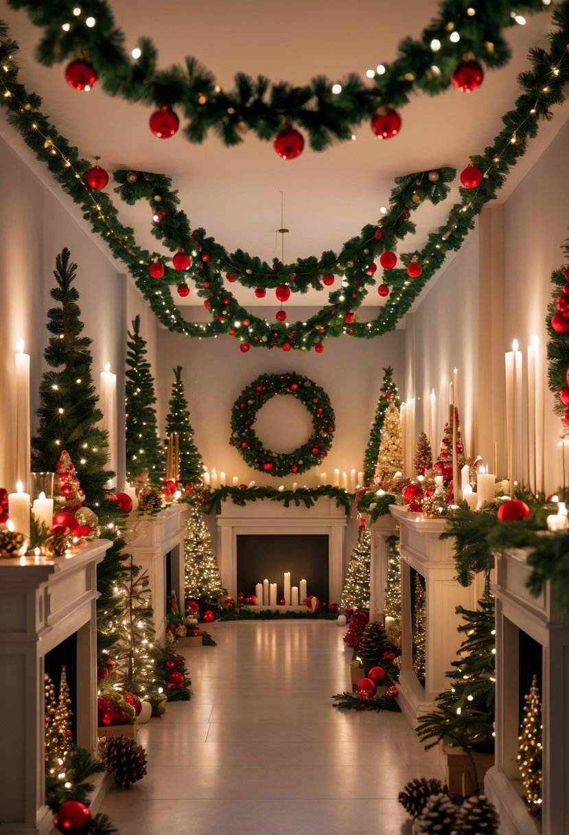 A room with 35 Christmas mantels decorated with strings of popcorn and cranberries, garlands, lights, and ornaments.