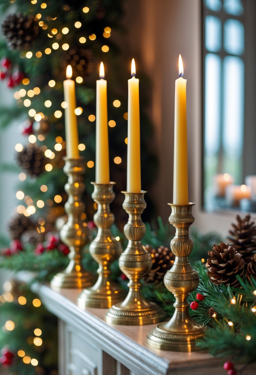 Ornate brass candle holders with tall taper candles on a Christmas-decorated mantel with greenery and festive decorations.