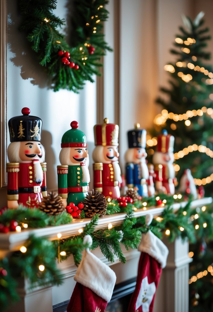 A living room mantel decorated for Christmas with ceramic nutcracker and reindeer figurines surrounded by holiday garlands, lights, and stockings.