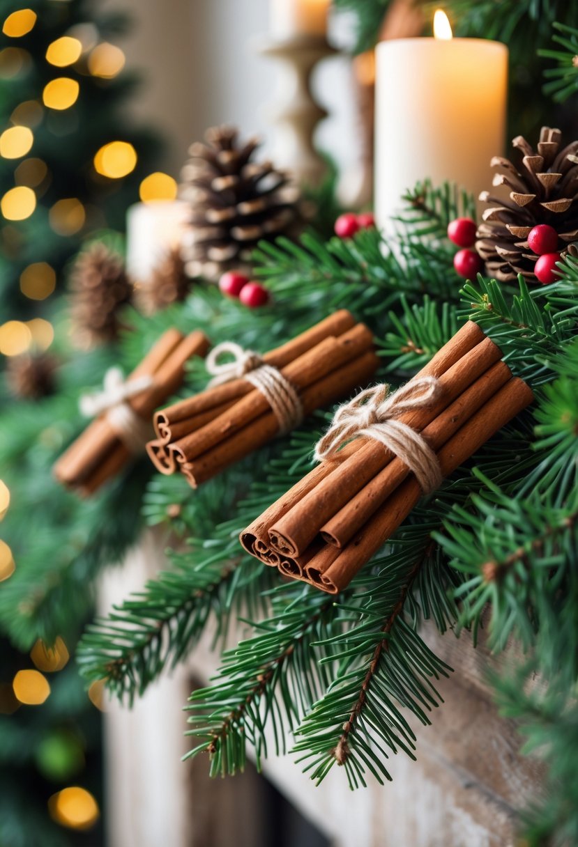 A pine garland wrapped with twine and decorated with bundles of cinnamon sticks draped along a mantelpiece with Christmas decorations.